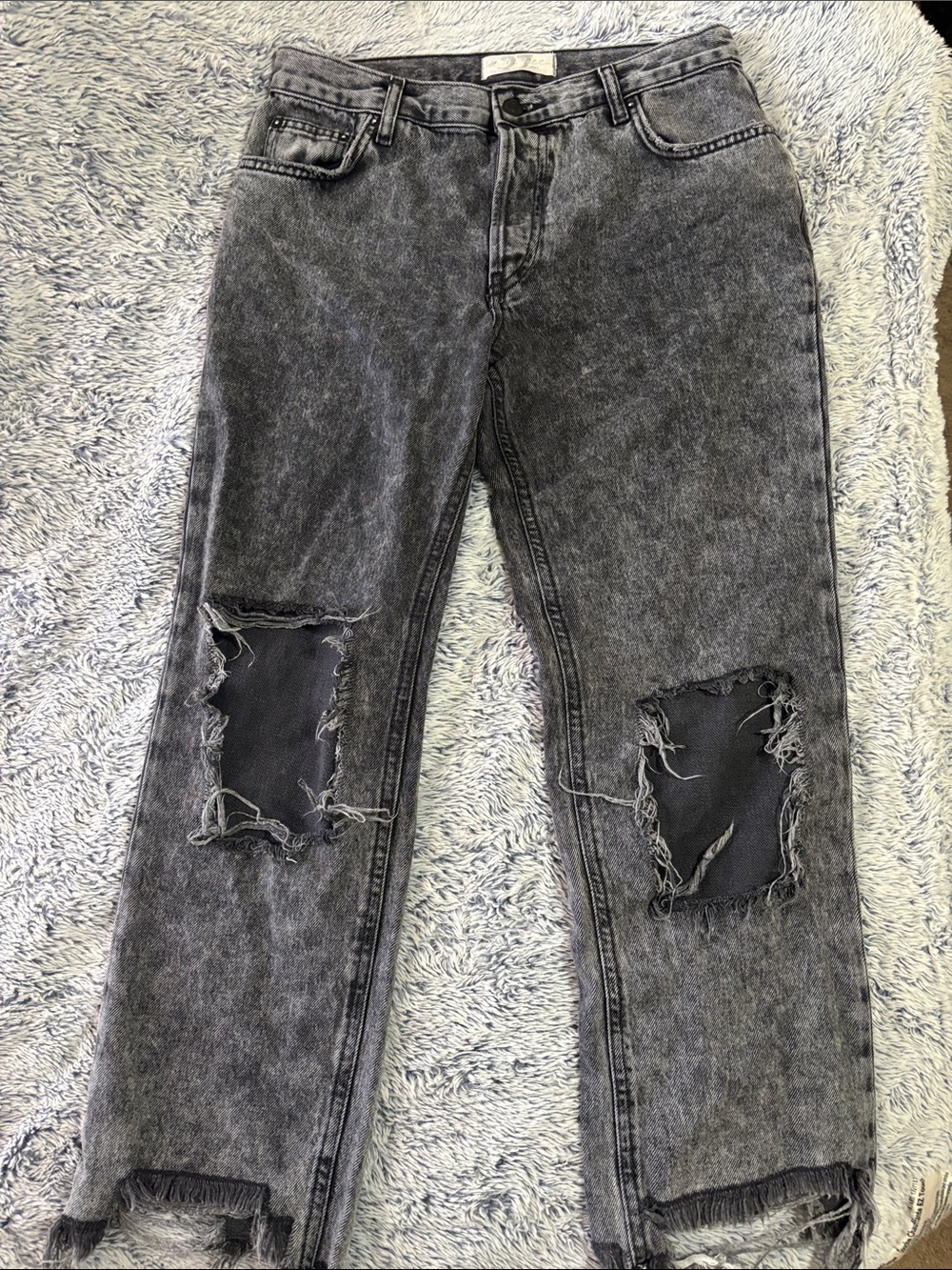 Free People Black Straight-Leg Jeans with Knee Patches